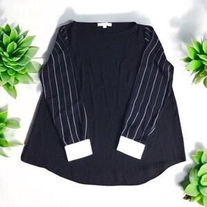 Ann Taylor LOFT Top Women Black Blouse Pinstripe Long Sleeve white cuff S/M